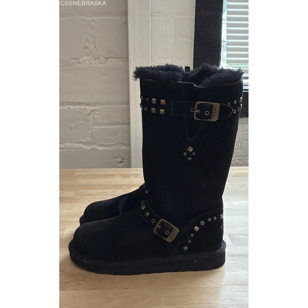 UGG Black Girls Boots Suede Clovis Studded Buckle Shearling Moto 1004952K Size 3